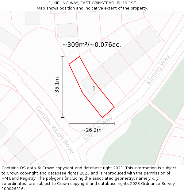 1, KIPLING WAY, EAST GRINSTEAD, RH19 1ST: Plot and title map