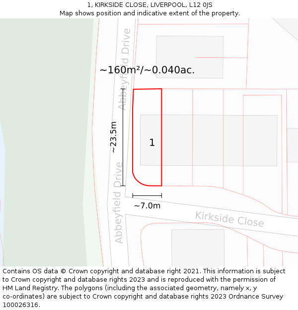 1, KIRKSIDE CLOSE, LIVERPOOL, L12 0JS: Plot and title map