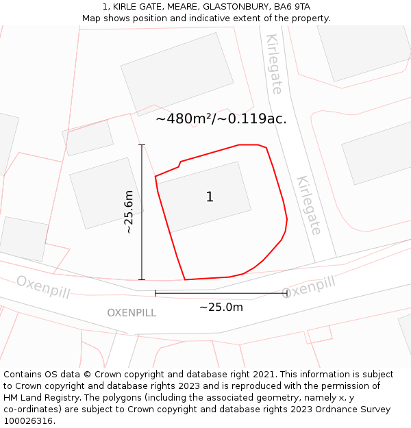 1, KIRLE GATE, MEARE, GLASTONBURY, BA6 9TA: Plot and title map
