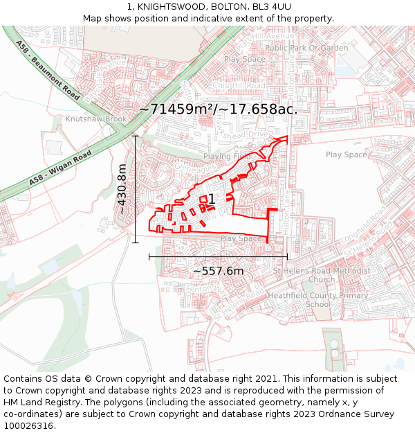 1, KNIGHTSWOOD, BOLTON, BL3 4UU: Plot and title map
