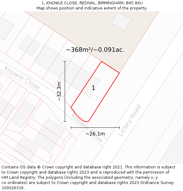 1, KNOWLE CLOSE, REDNAL, BIRMINGHAM, B45 8XU: Plot and title map