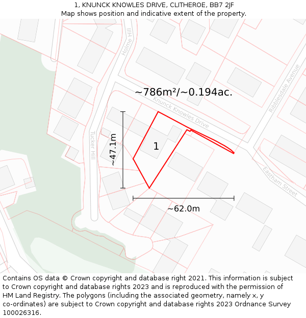 1, KNUNCK KNOWLES DRIVE, CLITHEROE, BB7 2JF: Plot and title map