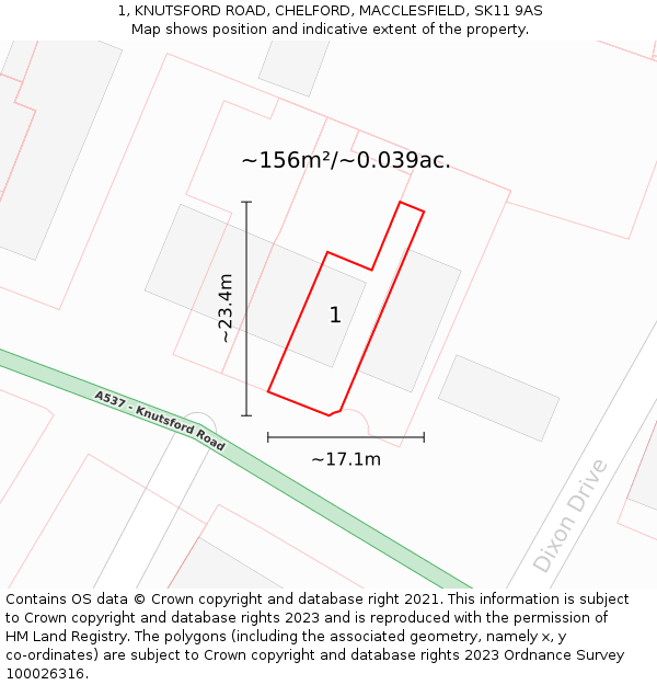 1, KNUTSFORD ROAD, CHELFORD, MACCLESFIELD, SK11 9AS: Plot and title map