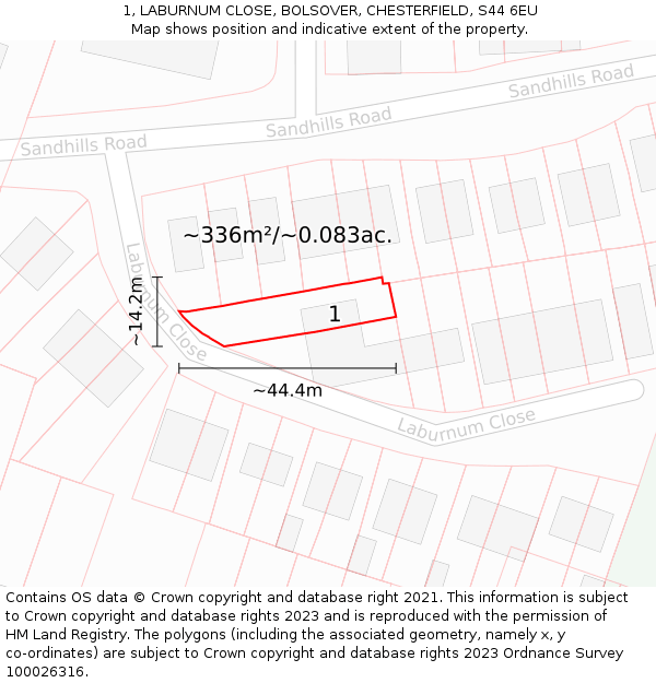 1, LABURNUM CLOSE, BOLSOVER, CHESTERFIELD, S44 6EU: Plot and title map