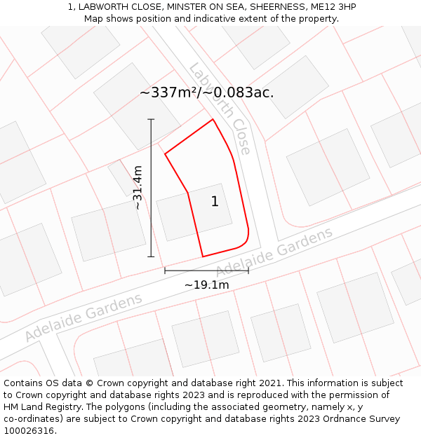 1, LABWORTH CLOSE, MINSTER ON SEA, SHEERNESS, ME12 3HP: Plot and title map
