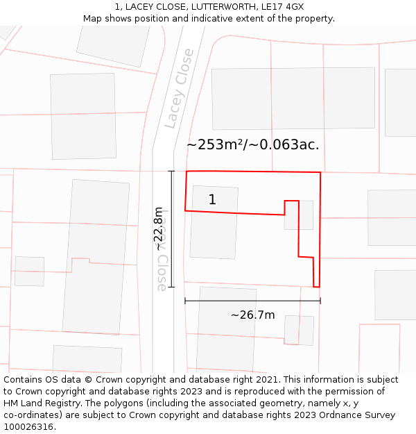 1, LACEY CLOSE, LUTTERWORTH, LE17 4GX: Plot and title map