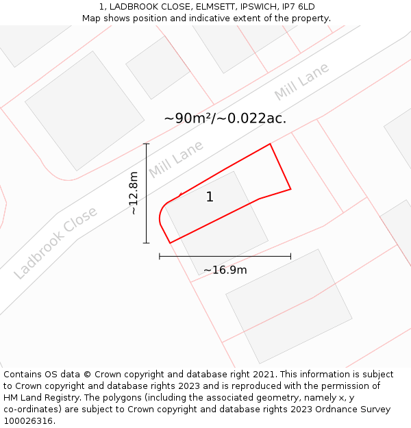 1, LADBROOK CLOSE, ELMSETT, IPSWICH, IP7 6LD: Plot and title map