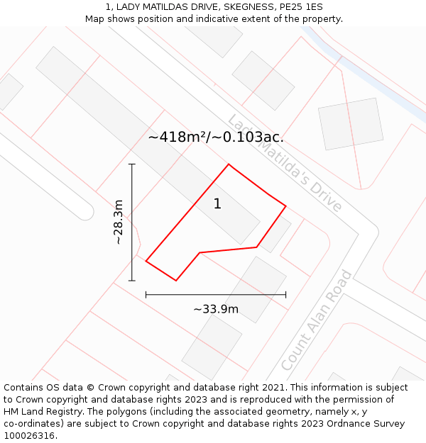 1, LADY MATILDAS DRIVE, SKEGNESS, PE25 1ES: Plot and title map