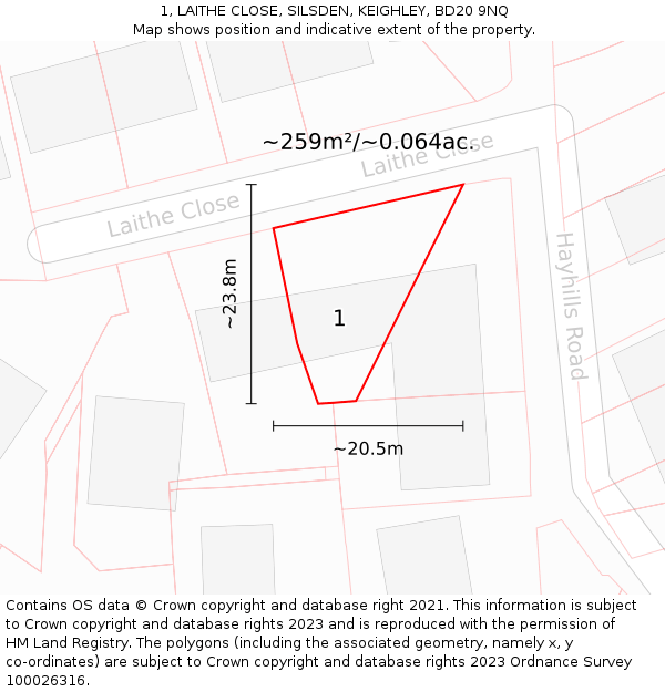 1, LAITHE CLOSE, SILSDEN, KEIGHLEY, BD20 9NQ: Plot and title map