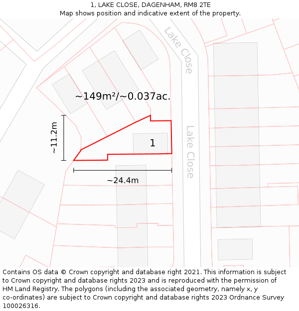 1, LAKE CLOSE, DAGENHAM, RM8 2TE: Plot and title map