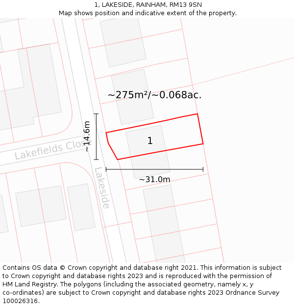 1, LAKESIDE, RAINHAM, RM13 9SN: Plot and title map