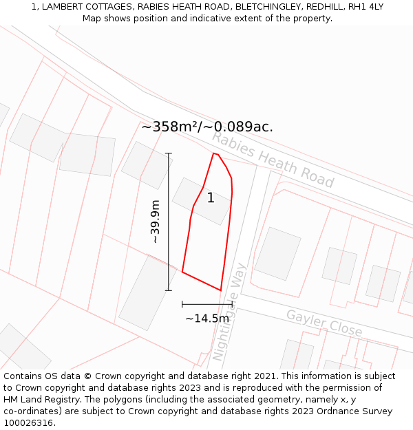 1, LAMBERT COTTAGES, RABIES HEATH ROAD, BLETCHINGLEY, REDHILL, RH1 4LY: Plot and title map