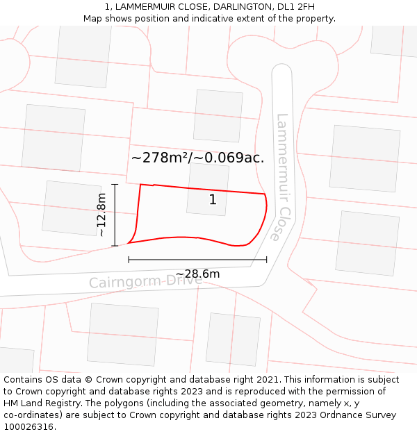 1, LAMMERMUIR CLOSE, DARLINGTON, DL1 2FH: Plot and title map