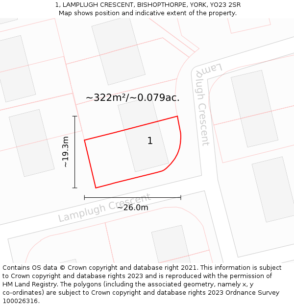 1, LAMPLUGH CRESCENT, BISHOPTHORPE, YORK, YO23 2SR: Plot and title map