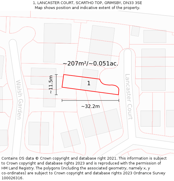 1, LANCASTER COURT, SCARTHO TOP, GRIMSBY, DN33 3SE: Plot and title map