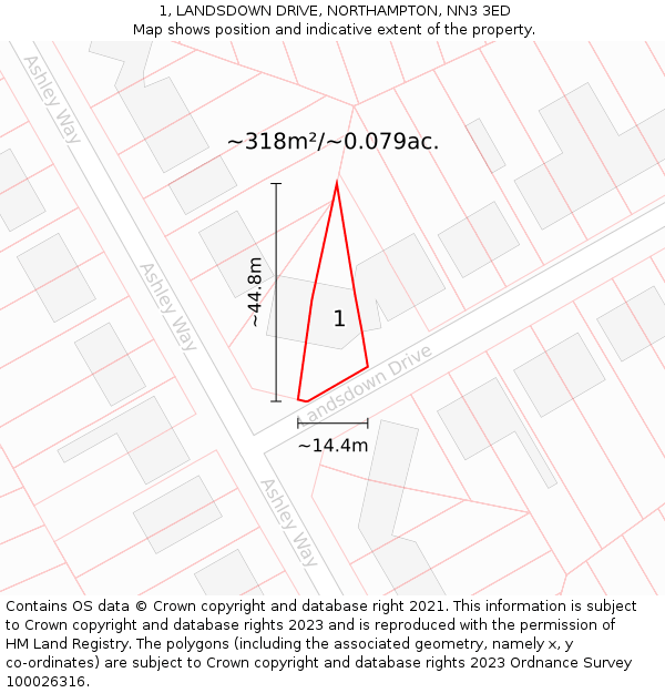 1, LANDSDOWN DRIVE, NORTHAMPTON, NN3 3ED: Plot and title map