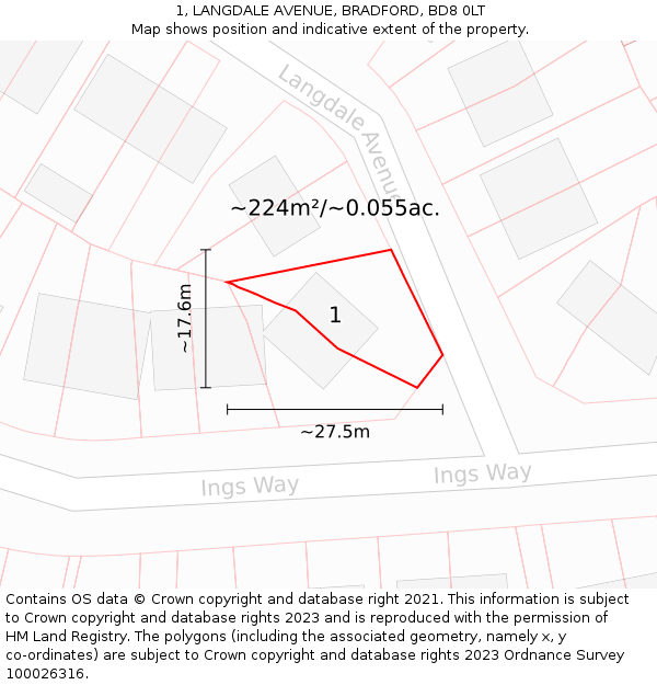 1, LANGDALE AVENUE, BRADFORD, BD8 0LT: Plot and title map