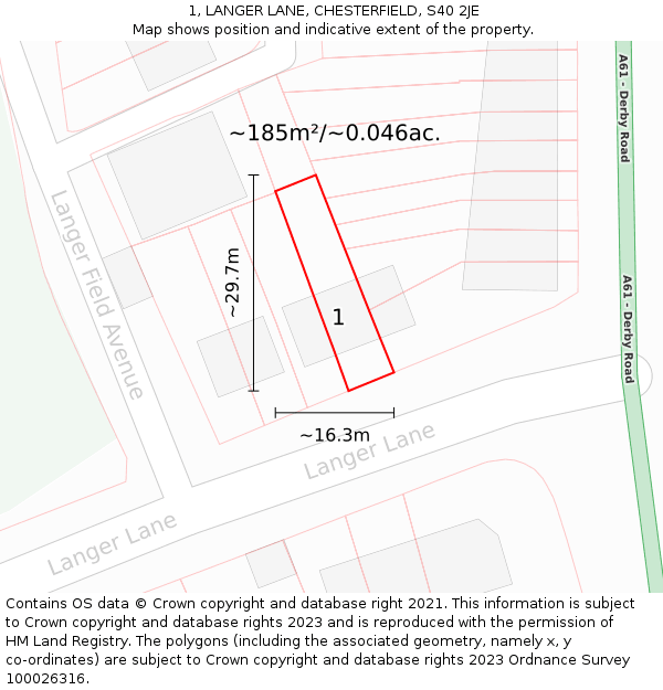 1, LANGER LANE, CHESTERFIELD, S40 2JE: Plot and title map