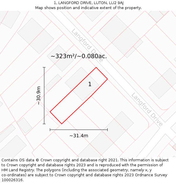 1, LANGFORD DRIVE, LUTON, LU2 9AJ: Plot and title map