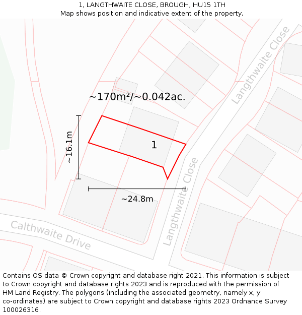 1, LANGTHWAITE CLOSE, BROUGH, HU15 1TH: Plot and title map