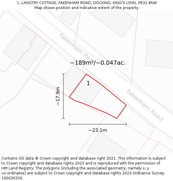 1, LANGTRY COTTAGE, FAKENHAM ROAD, DOCKING, KING'S LYNN, PE31 8NW: Plot and title map