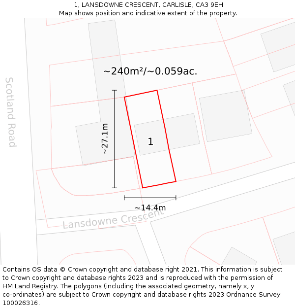 1, LANSDOWNE CRESCENT, CARLISLE, CA3 9EH: Plot and title map