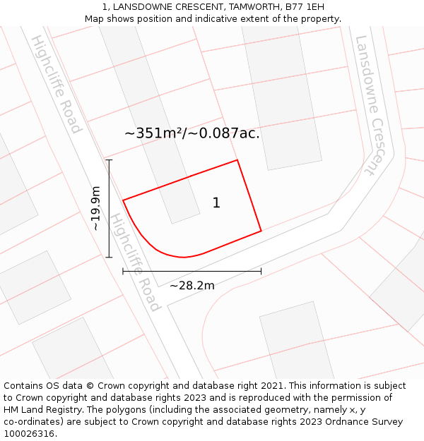 1, LANSDOWNE CRESCENT, TAMWORTH, B77 1EH: Plot and title map