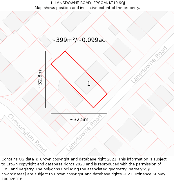 1, LANSDOWNE ROAD, EPSOM, KT19 9QJ: Plot and title map