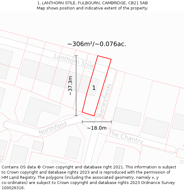 1, LANTHORN STILE, FULBOURN, CAMBRIDGE, CB21 5AB: Plot and title map