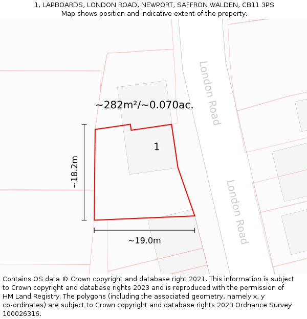1, LAPBOARDS, LONDON ROAD, NEWPORT, SAFFRON WALDEN, CB11 3PS: Plot and title map
