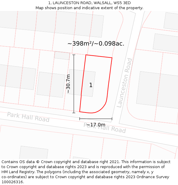 1, LAUNCESTON ROAD, WALSALL, WS5 3ED: Plot and title map