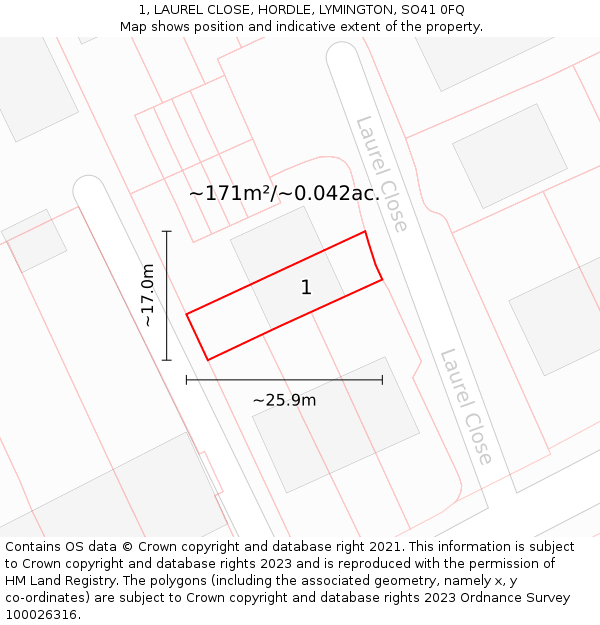 1, LAUREL CLOSE, HORDLE, LYMINGTON, SO41 0FQ: Plot and title map