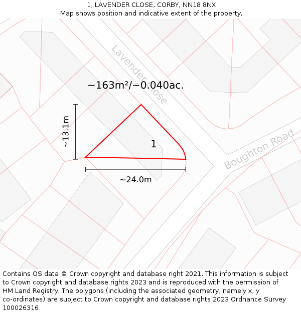 1, LAVENDER CLOSE, CORBY, NN18 8NX: Plot and title map