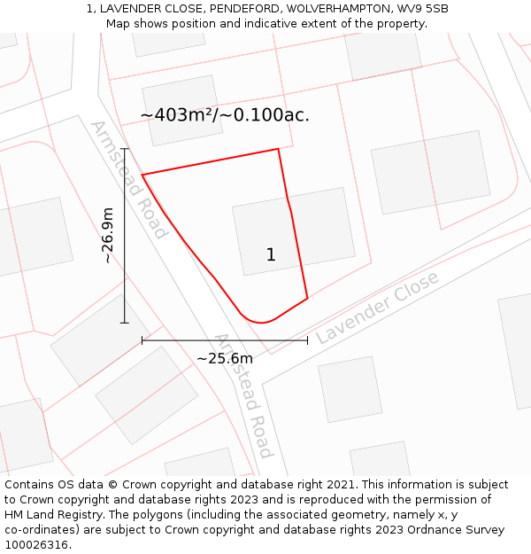 1, LAVENDER CLOSE, PENDEFORD, WOLVERHAMPTON, WV9 5SB: Plot and title map