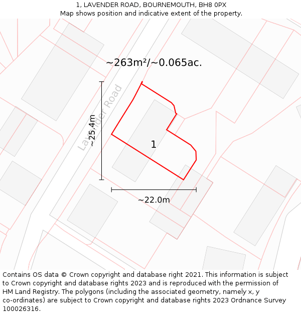 1, LAVENDER ROAD, BOURNEMOUTH, BH8 0PX: Plot and title map