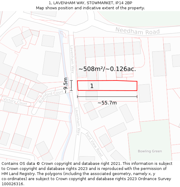 1, LAVENHAM WAY, STOWMARKET, IP14 2BP: Plot and title map