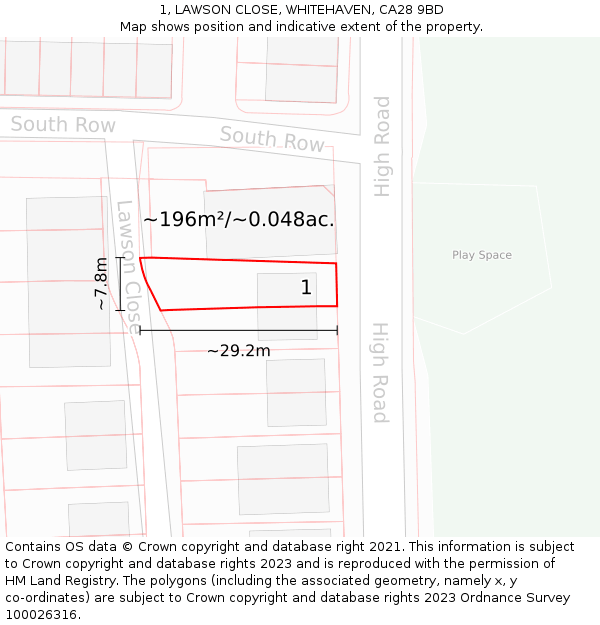 1, LAWSON CLOSE, WHITEHAVEN, CA28 9BD: Plot and title map