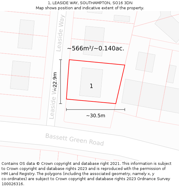 1, LEASIDE WAY, SOUTHAMPTON, SO16 3DN: Plot and title map