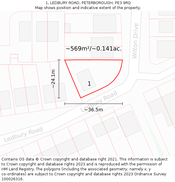 1, LEDBURY ROAD, PETERBOROUGH, PE3 9RQ: Plot and title map