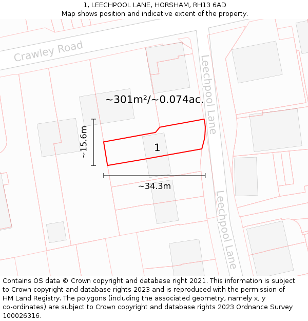 1, LEECHPOOL LANE, HORSHAM, RH13 6AD: Plot and title map