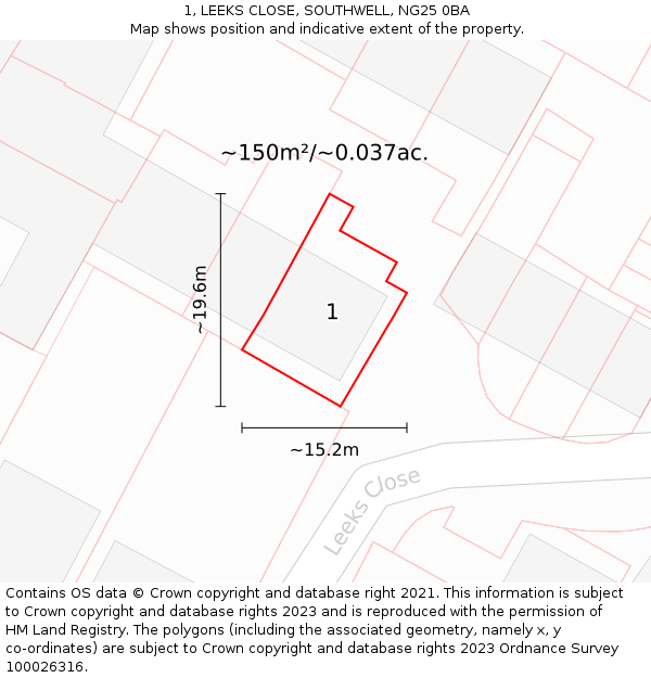 1, LEEKS CLOSE, SOUTHWELL, NG25 0BA: Plot and title map