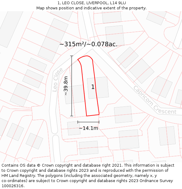 1, LEO CLOSE, LIVERPOOL, L14 9LU: Plot and title map