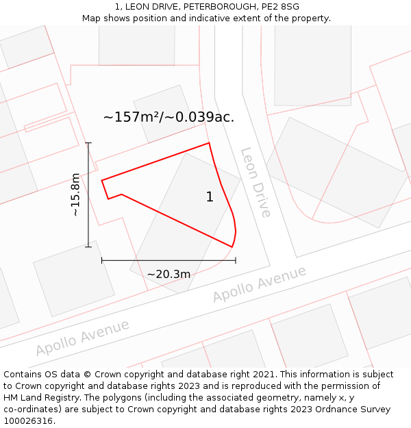 1, LEON DRIVE, PETERBOROUGH, PE2 8SG: Plot and title map