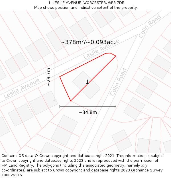 1, LESLIE AVENUE, WORCESTER, WR3 7DF: Plot and title map