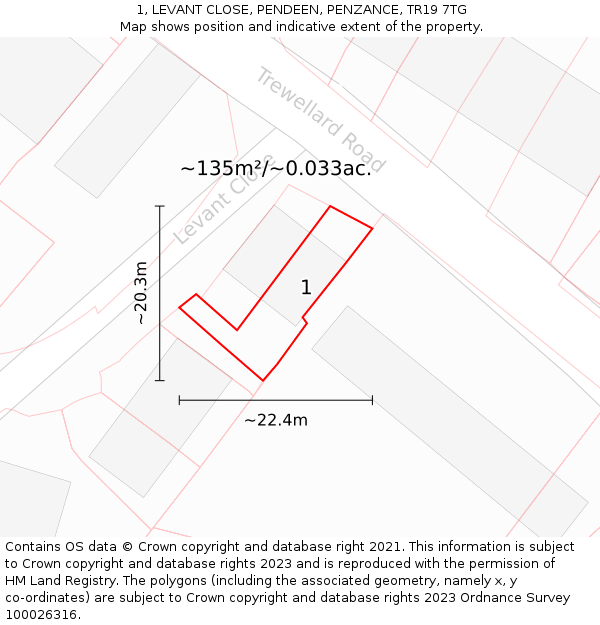 1, LEVANT CLOSE, PENDEEN, PENZANCE, TR19 7TG: Plot and title map