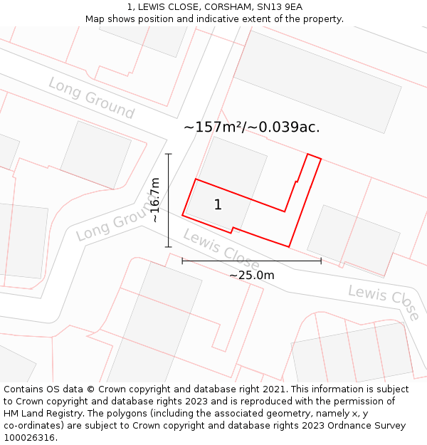 1, LEWIS CLOSE, CORSHAM, SN13 9EA: Plot and title map
