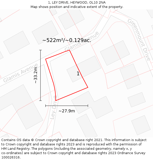 1, LEY DRIVE, HEYWOOD, OL10 2NA: Plot and title map