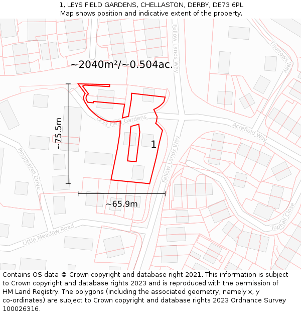 1, LEYS FIELD GARDENS, CHELLASTON, DERBY, DE73 6PL: Plot and title map