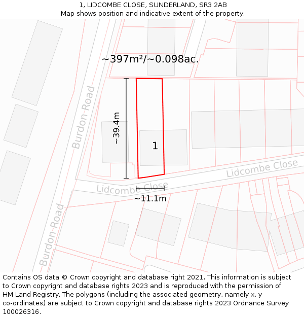 1, LIDCOMBE CLOSE, SUNDERLAND, SR3 2AB: Plot and title map