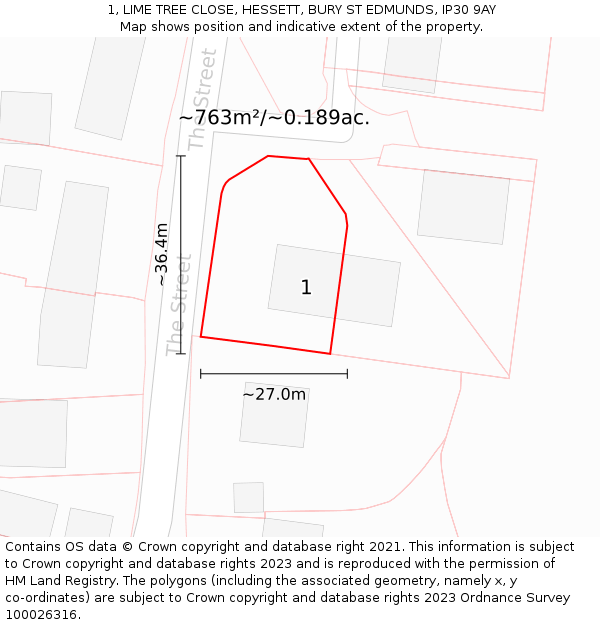 1, LIME TREE CLOSE, HESSETT, BURY ST EDMUNDS, IP30 9AY: Plot and title map